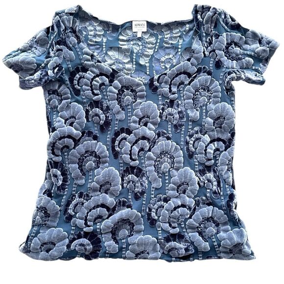 Armani Collezioni Blue Floral Burn Out Velvet Short Sleeve Blouse size 10 EUC - Picture 1 of 8